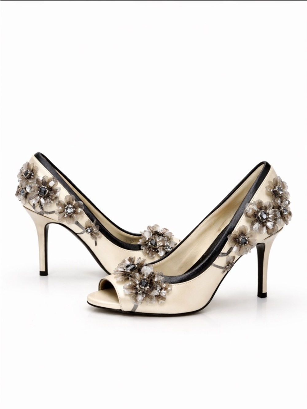 Tory Burch Clancy Black Open Toe Pump satin crystal embellished